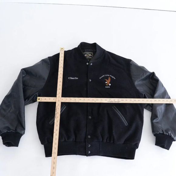 VTG Holloway Black Embroidered S Line Eagles  Leather & Wool Varsity Bomber Coat - Picture 5 of 13
